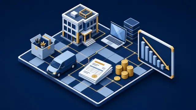 Illustration isométrique des achats indirects : un immeuble de bureaux, un ordinateur et un serveur, des fournitures, une camionnette, des factures, des pièces et un graphique orienté à la baisse.
