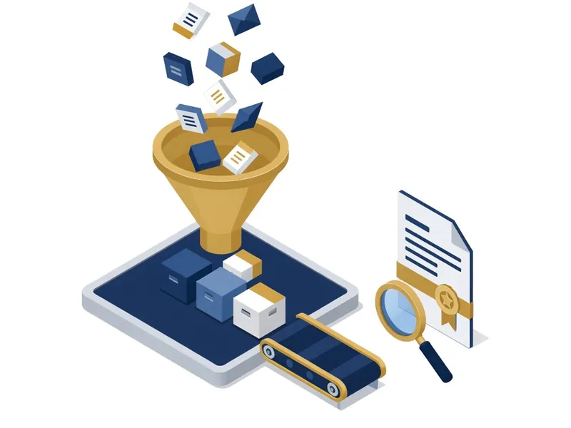 Illustration of a gold funnel turning many scattered purchases into a few well organised boxes, next to a sealed contract and a magnifying glass.