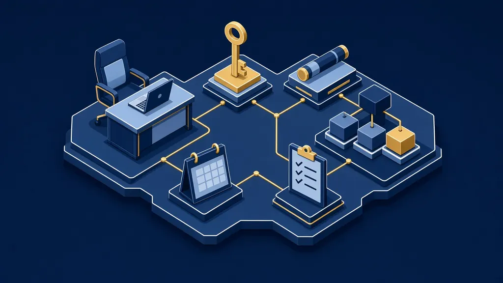 Isometric illustration of a procurement office: an empty desk with a laptop, a gold key, a relay baton, an organisation chart with one gold block, a calendar and a clipboard.