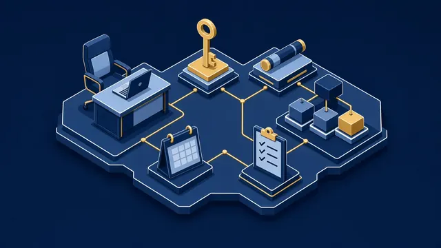 Illustration isométrique d'un service achats : un bureau vide avec un ordinateur, une clé dorée, un témoin de relais, un organigramme avec un bloc doré, un calendrier et un porte-documents.
