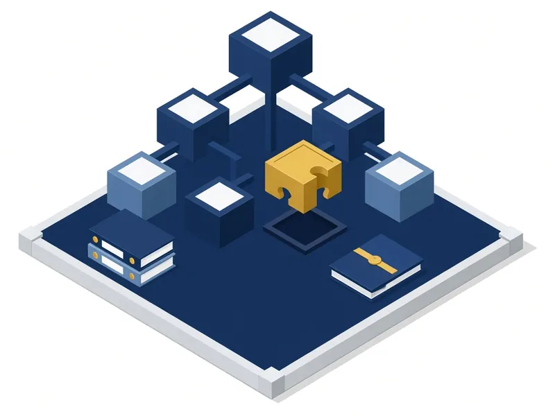 Illustration of an organisation chart made of blocks, with a gold puzzle piece filling the empty position, next to binders and a handover folder.