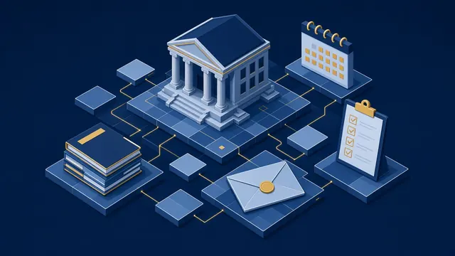 Illustration isométrique d'un bâtiment public entouré de dossiers de consultation, d'une enveloppe scellée, d'une liste de contrôle et d'un calendrier, reliés par des lignes dorées.
