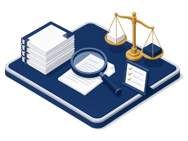 Illustration d'une pile de documents de consultation, d'une loupe sur une page, d'une balance qui pèse deux documents et d'une liste de contrôle.