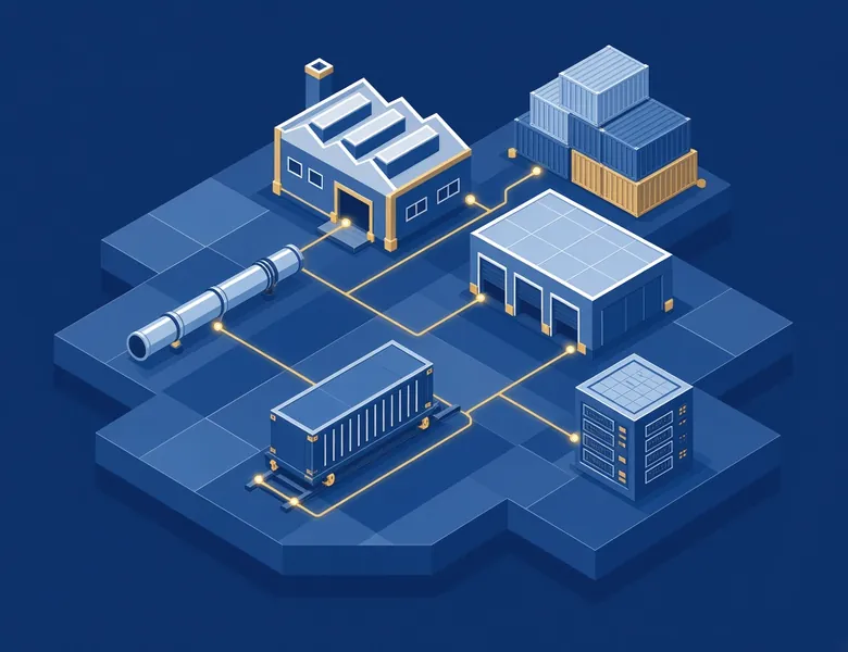 Isometrische Darstellung eines Liefernetzes, das eine Fabrik, ein Lager, Container, eine Rohrleitung, einen Güterwagen und ein Rechenzentrum verbindet