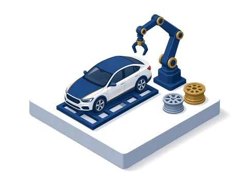 Automobilmontage mit Roboterarm und Felgen