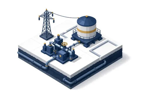 Gasnetzstation mit Rohrleitungen, Armaturen und Speichertank