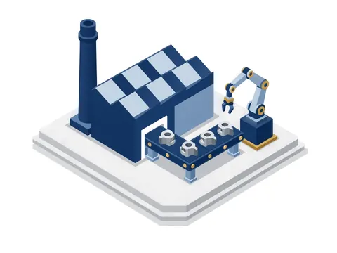 Fabrik mit Förderband und Roboterarm