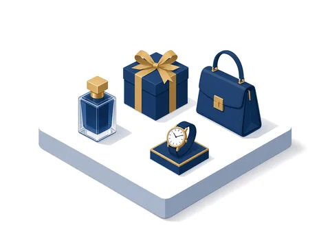 Parfumflakon, Geschenkbox, Ledertasche und Uhr auf einem Präsentationsständer